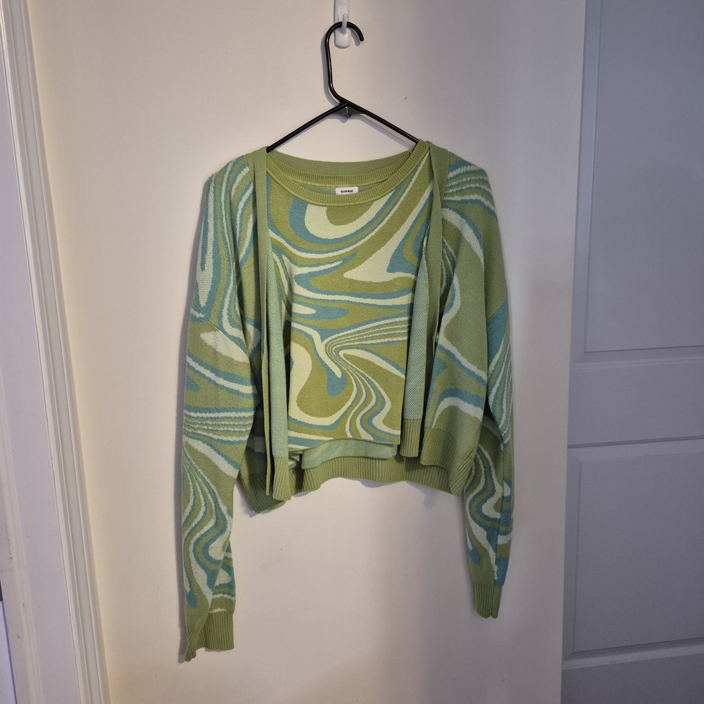 Green and Blue Pattern 2 Piece Sweater And Tank Top Set